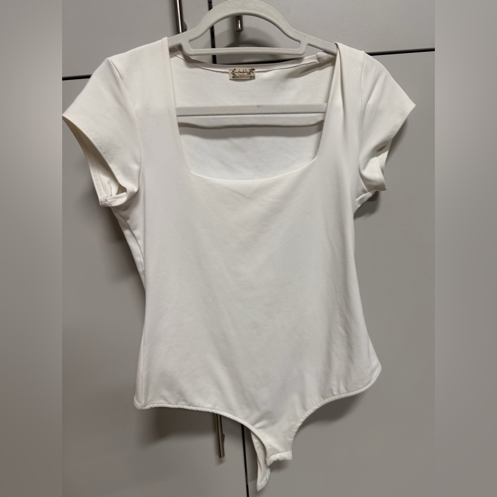 Free People White Square-Neck Short Sleeve Bodysuit large